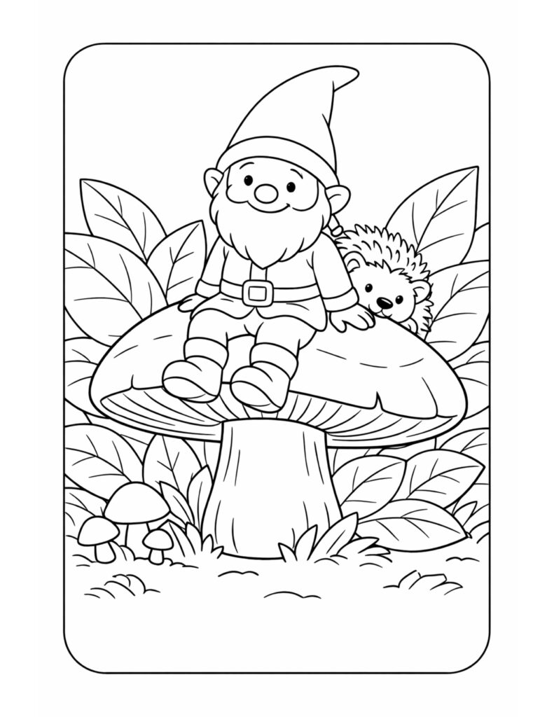 gnome sitting on a mushroom coloring page with a peeking hedgehog and big leafy plants coloring page
