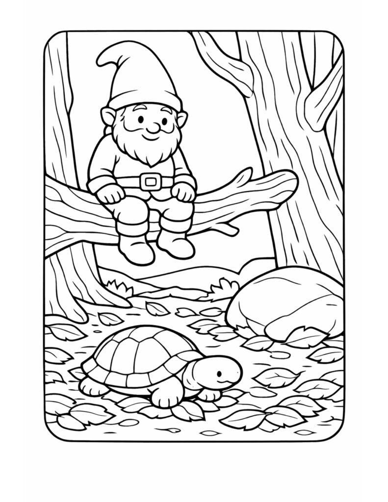 gnome sitting on tree branch coloring page with a turtle below and forest trees in the background coloring page