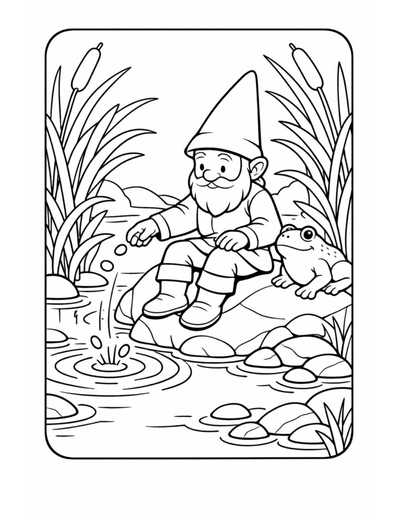 gnome skipping stones with frog coloring page by a pond with cattails, smooth rocks, and ripples coloring page