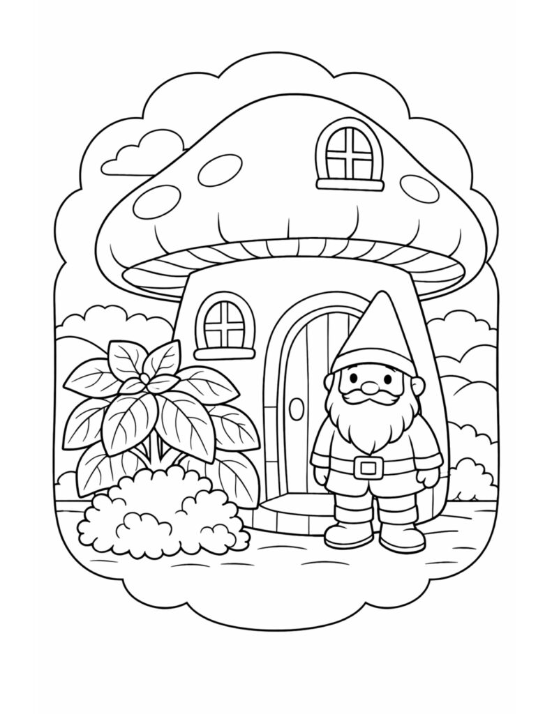 gnome standing by mushroom house coloring page, gnome at the doorway with windows, bushes, and a leafy plant, coloring page