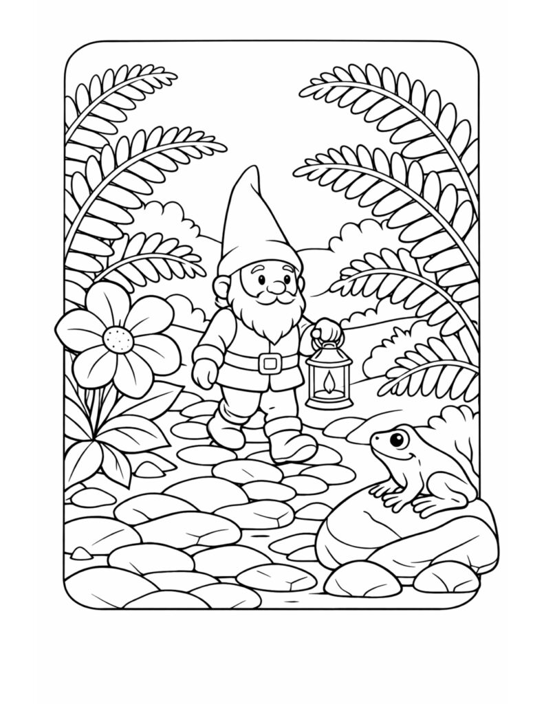 gnome walking lantern beside frog coloring page, gnome on a stone path with ferns, big flower, and a frog coloring page