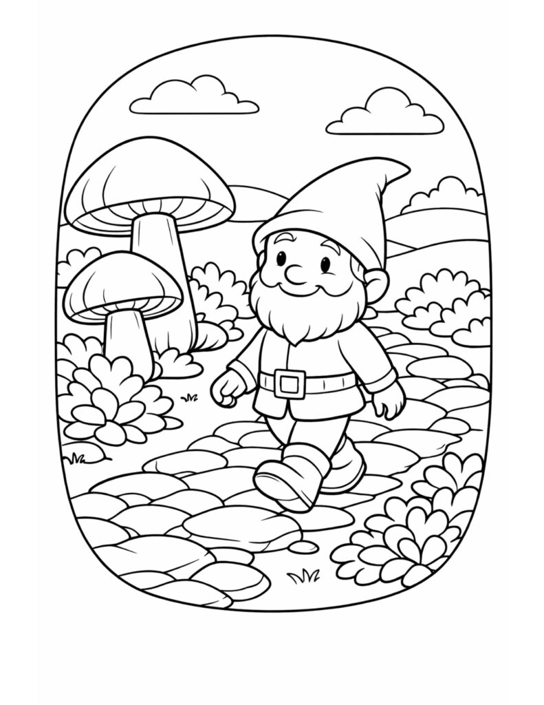 gnome walking on stone path coloring page, cute gnome strolling past tall mushrooms and leafy bushes, coloring page