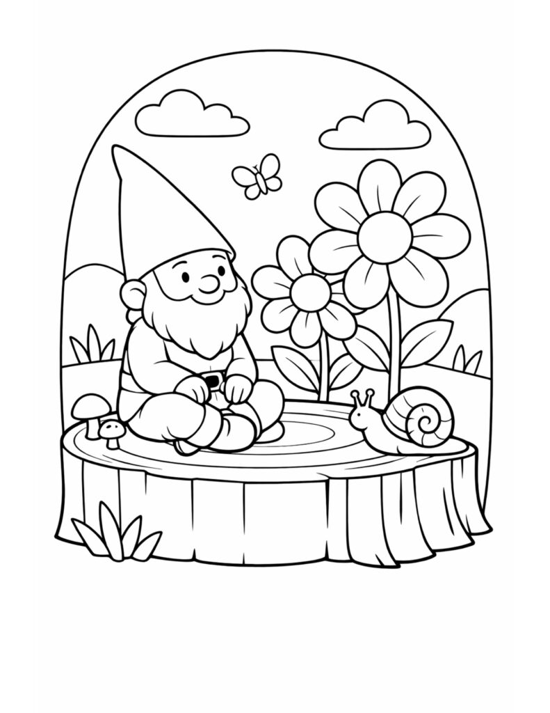 gnome watching snail on stump coloring page, cute gnome on a tree stump with flowers, clouds, and butterfly coloring page