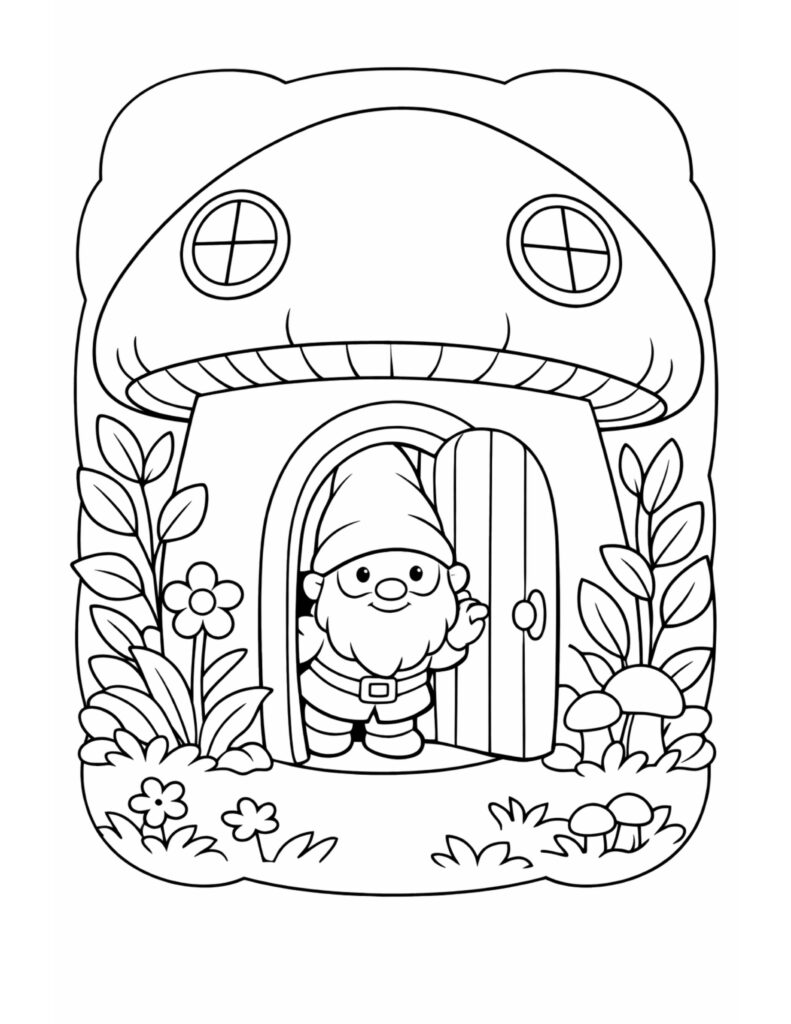 gnome waving at mushroom house coloring page, gnome in an open mushroom door with flowers and little mushrooms coloring page