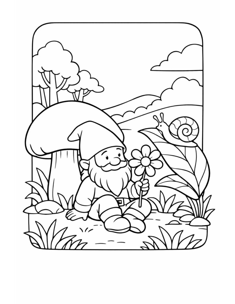 gnome with flower near mushroom coloring page, gnome sitting by a large mushroom with a snail on a leaf coloring page