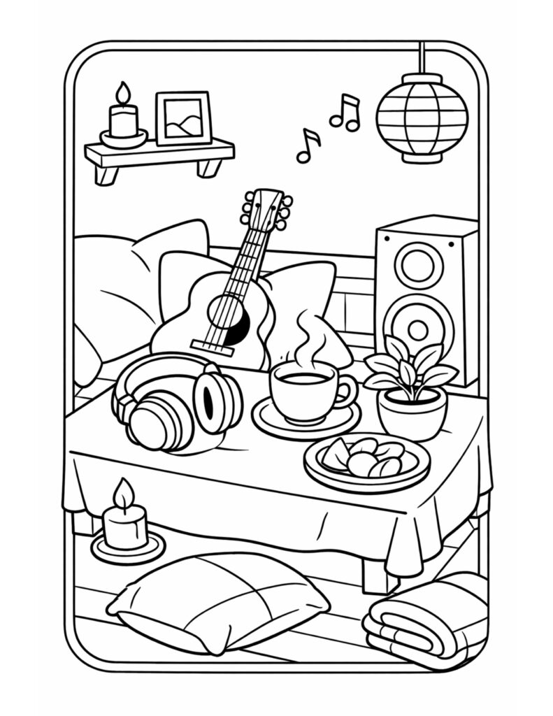 guitar and headphones coffee table coloring page with candle, speaker, and steaming cup coloring page