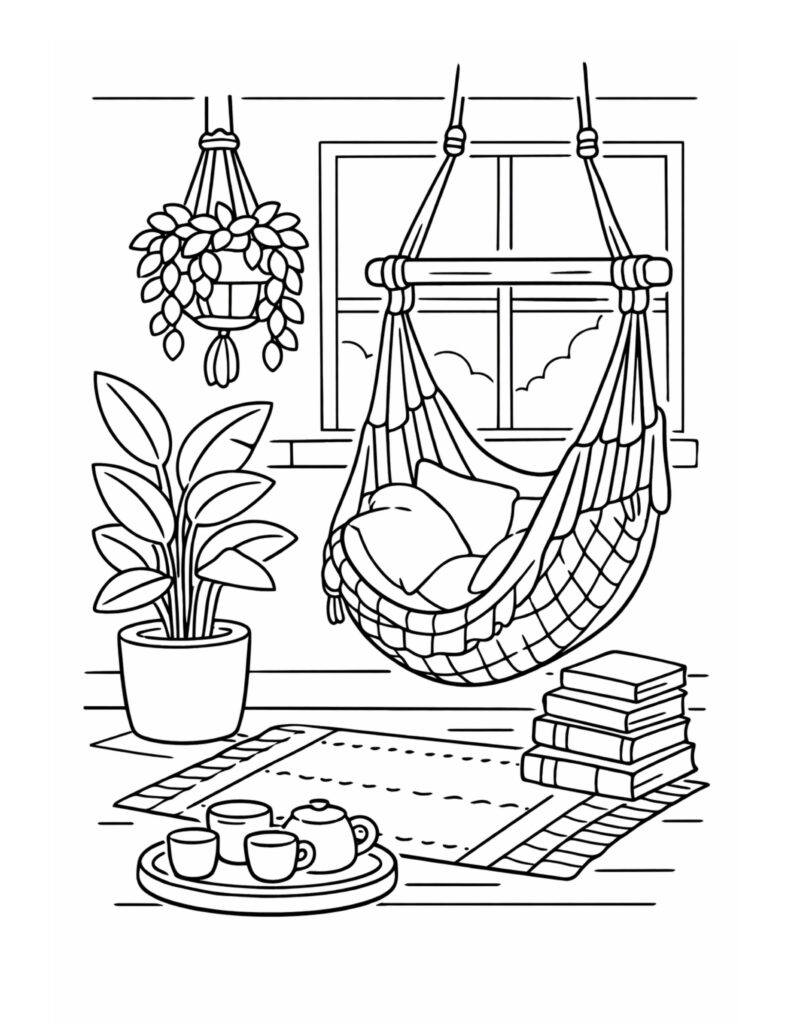 hanging hammock chair reading corner coloring page with tea set, plants, and window coloring page