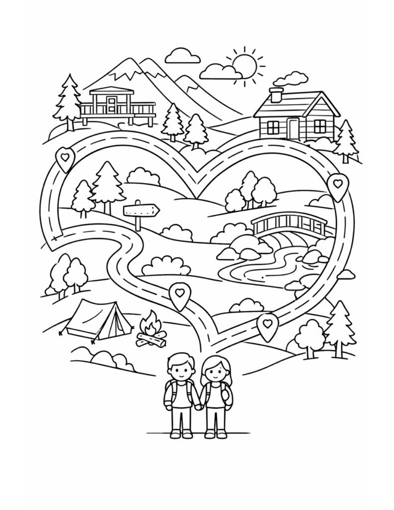 heart shaped road through mountains coloring page, scenic heart route with cabins, bridge, tent, and couple coloring page
