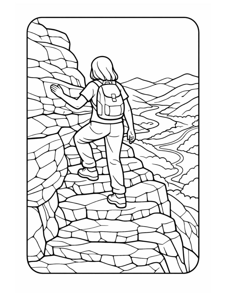 hiker climbing rocky steps coloring page with a backpacked hiker on stone cliffs, mountains and a winding river below coloring page