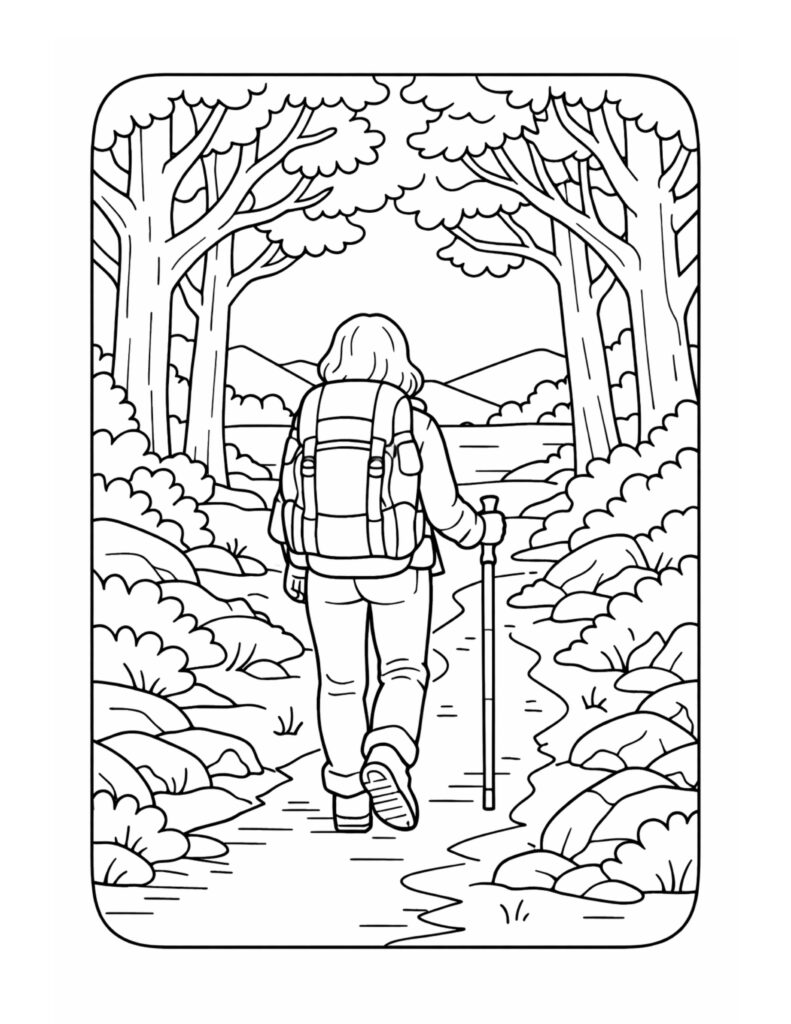 hiker on forest trail coloring page with backpack and walking stick on a winding path toward calm water coloring page