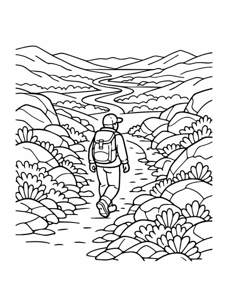 hiker on mountain trail coloring page with a backpacker walking a rocky path toward distant hills coloring page