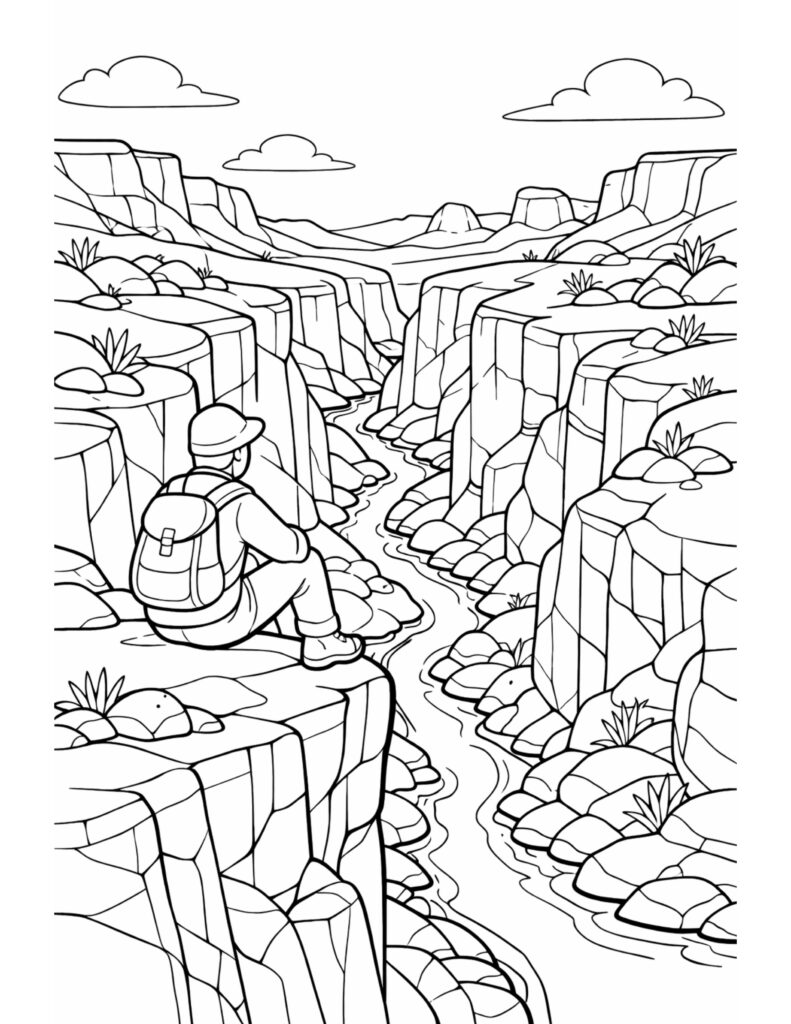 hiker overlooking canyon river coloring page showing a seated backpacker on cliff above a winding stream coloring page