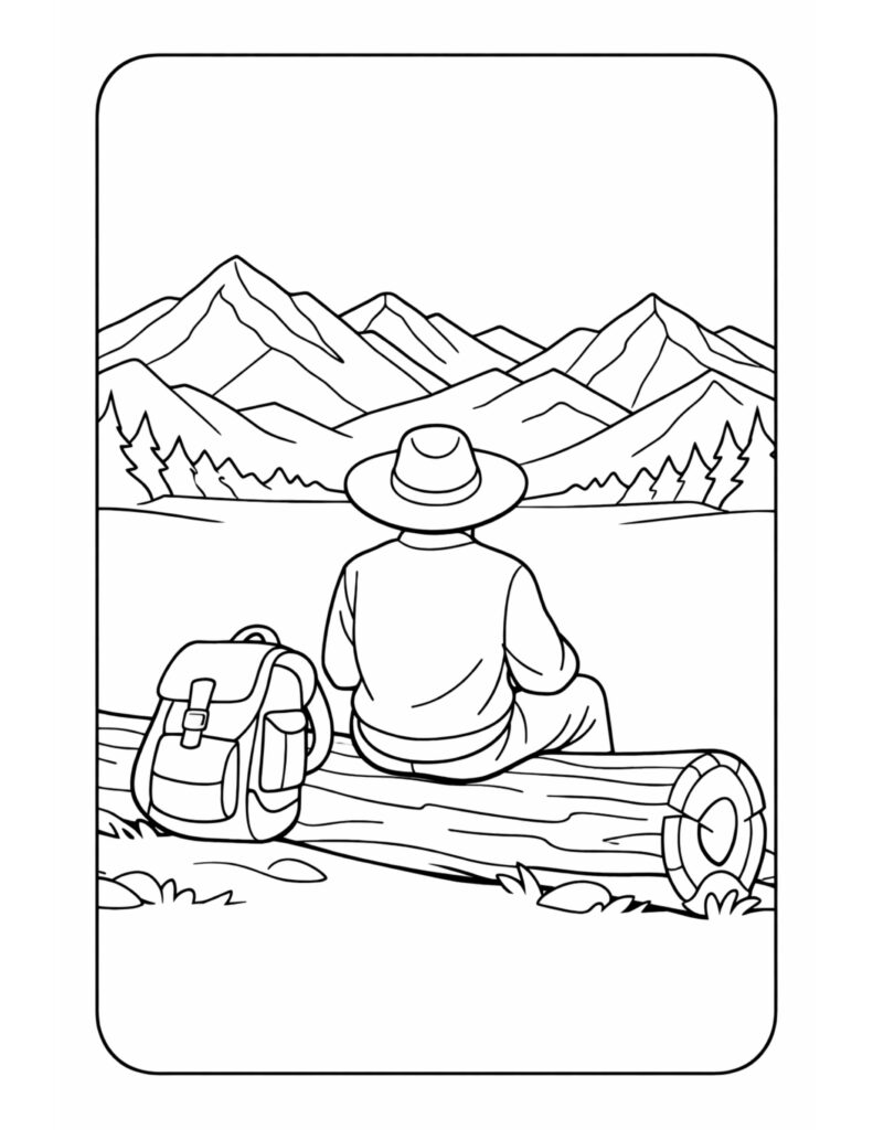 hiker sitting on log coloring page with backpack and mountain peaks in the background coloring page
