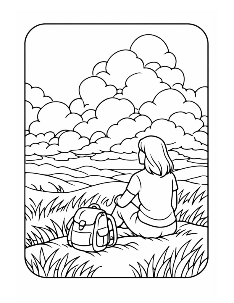 hiker sitting under dramatic clouds coloring page, traveler sitting in tall grass with a backpack, rolling hills, and sky coloring page