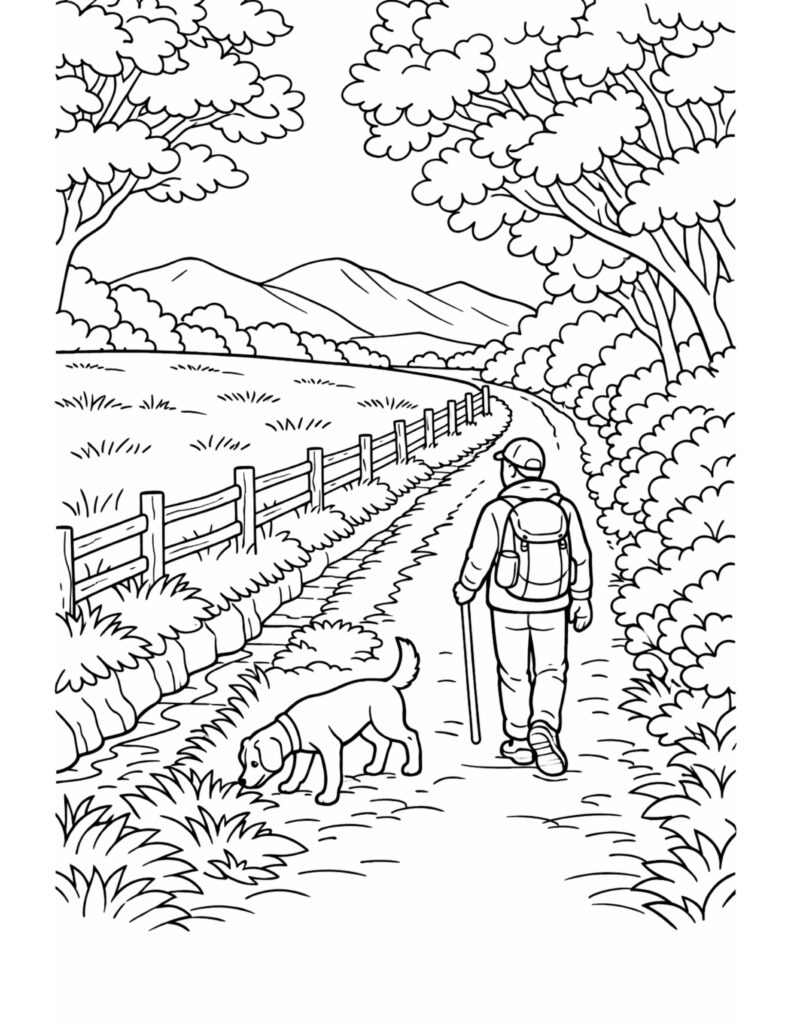 hiker walking dog on trail coloring page with backpacker holding a walking stick beside a fence-lined path coloring page