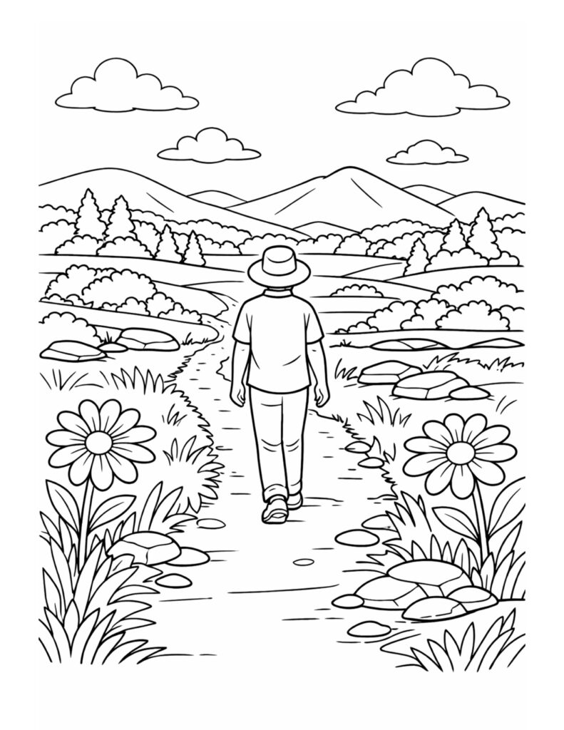 hiker walking mountain trail coloring page, winding path to mountains with flowers and trees, coloring page