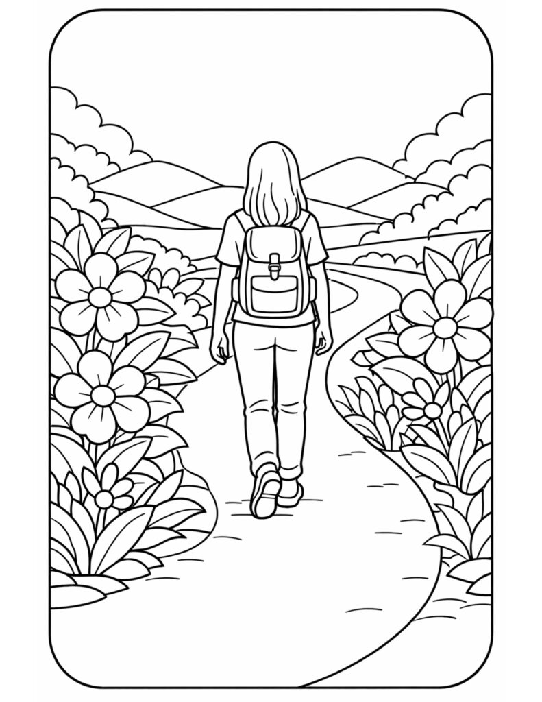 hiker walking on flower trail coloring page with backpack on a winding path between large flowers coloring page