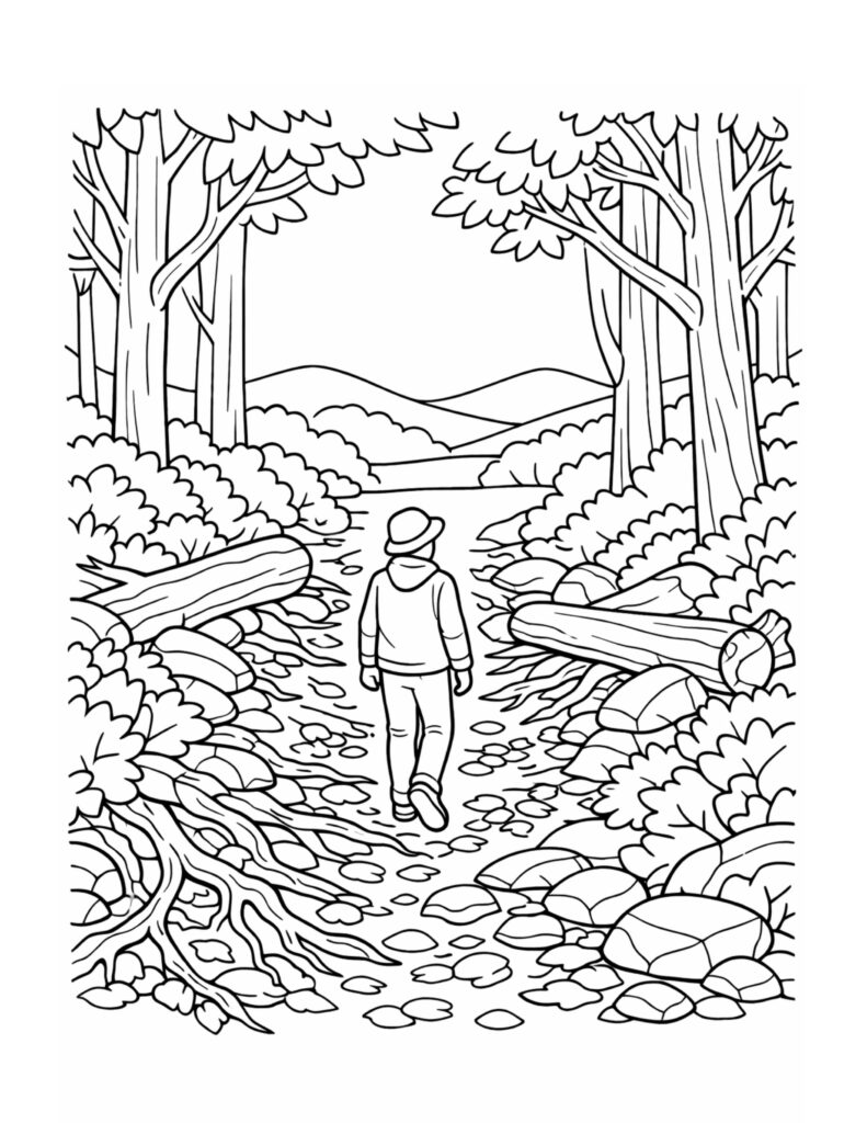 hiker walking rocky forest path coloring page, person walking through tall trees with logs and stones, coloring page