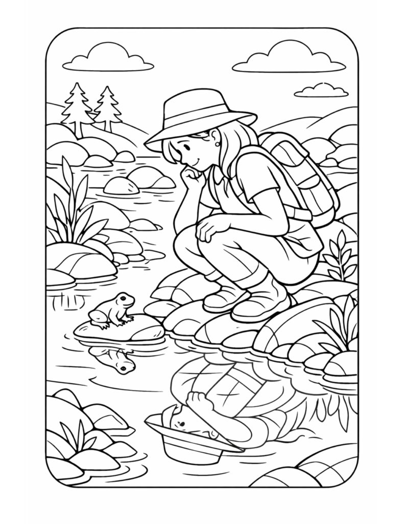 hiker watching frog in stream coloring page with crouching backpacker on river rocks and water reflection coloring page