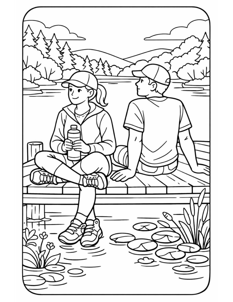 hikers sitting on a dock coloring page with two kids on a wooden pier by a calm lake, trees and lily pads coloring page