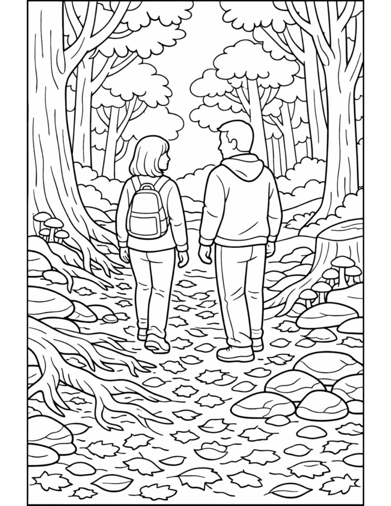 hikers walking on forest trail coloring page with two hikers wearing backpacks under tall trees