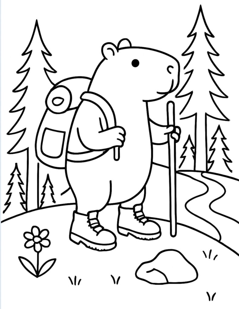 capybara hiking with backpack boots and walking stick in a forest coloring page