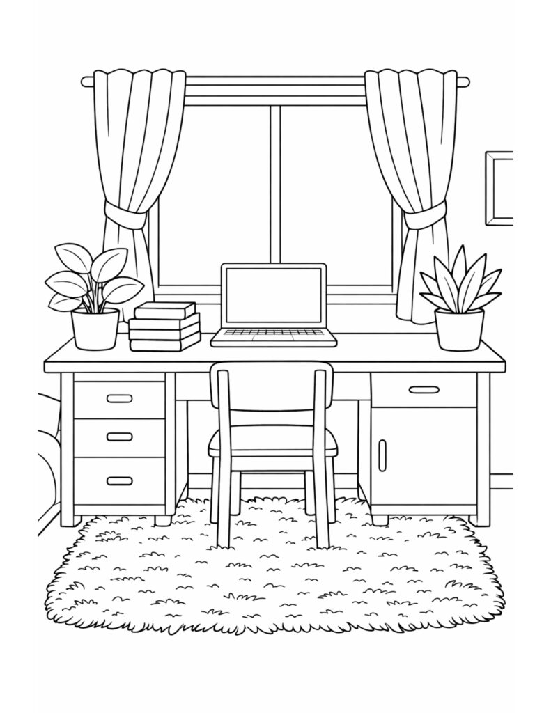 home office desk with laptop coloring page showing curtains, books, plants, and a soft rug