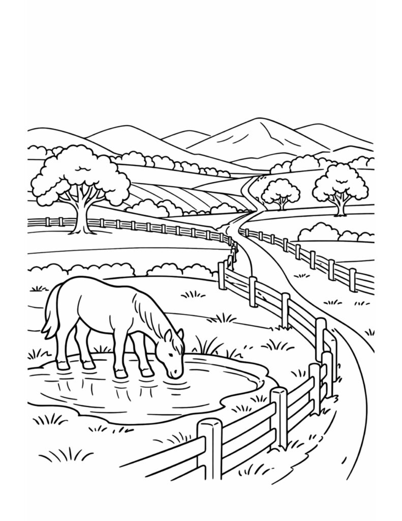 horse drinking from pond coloring page, peaceful fenced pasture with winding road and mountains, coloring page