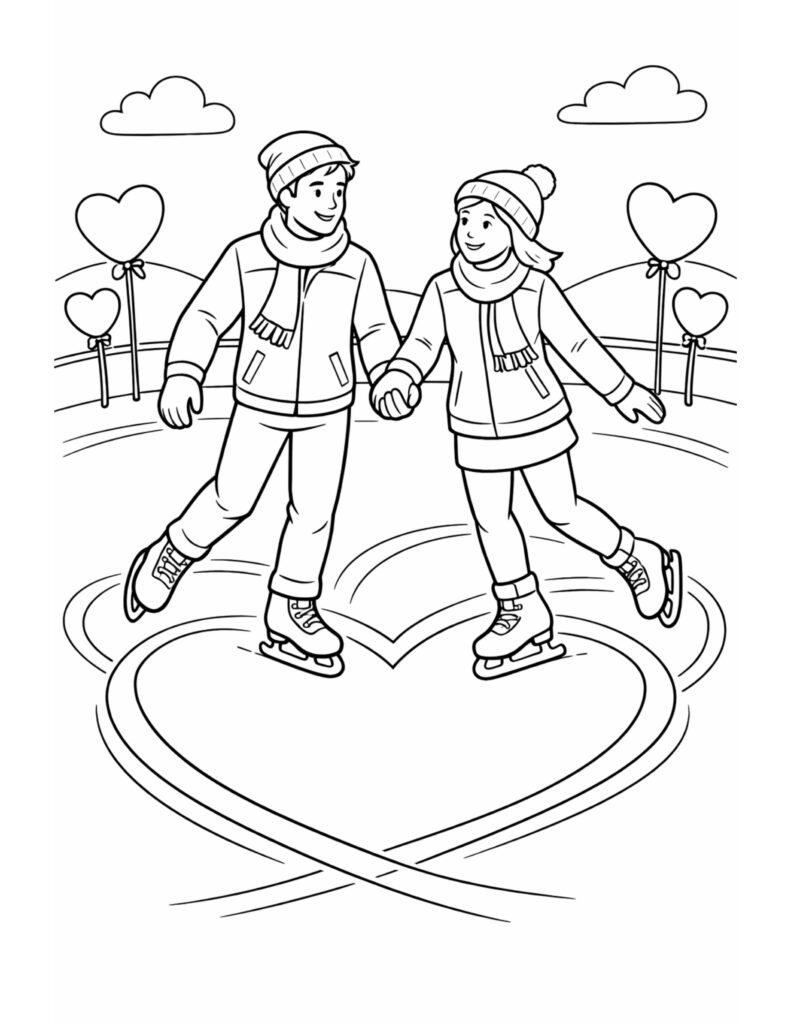ice skating couple holding hands coloring page with a heart shaped ice trail and heart balloons coloring page