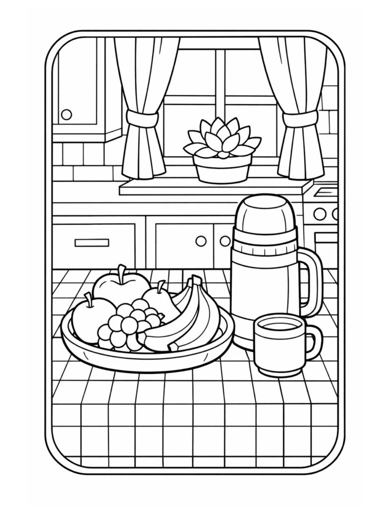 kitchen counter fruit and thermos coloring page featuring a fruit bowl, mug, curtains, and a window plant coloring page