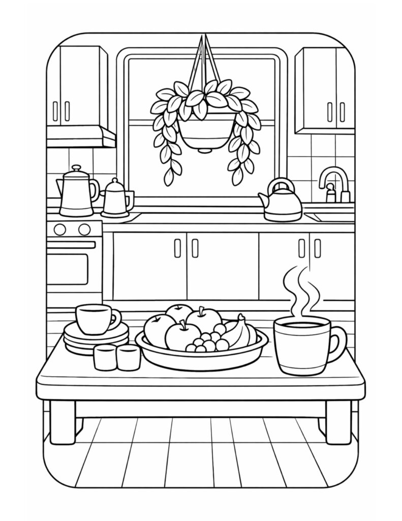 kitchen fruit bowl and coffee coloring page with hanging plant, kettle, cups, and steaming mug coloring page