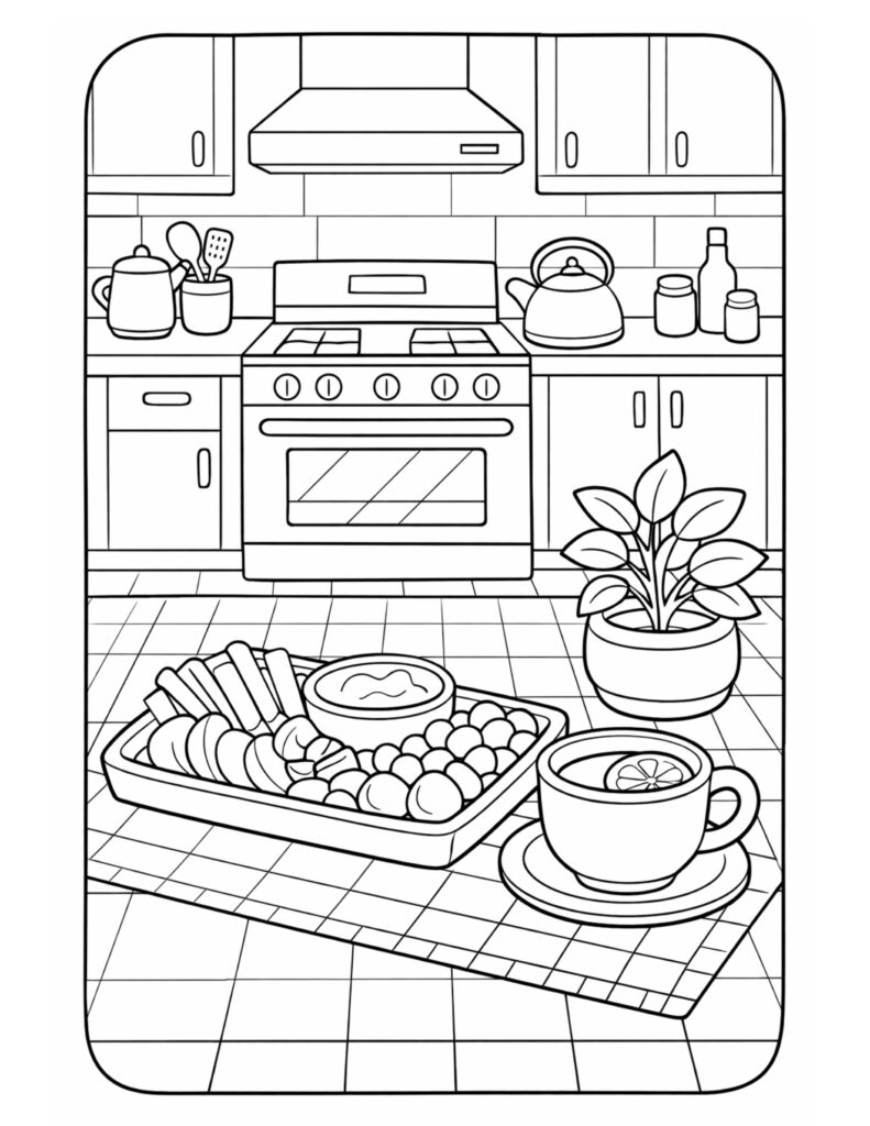 kitchen snack tray and tea coloring page with stove, kettle, tiled floor, potted plant, and citrus cup coloring page
