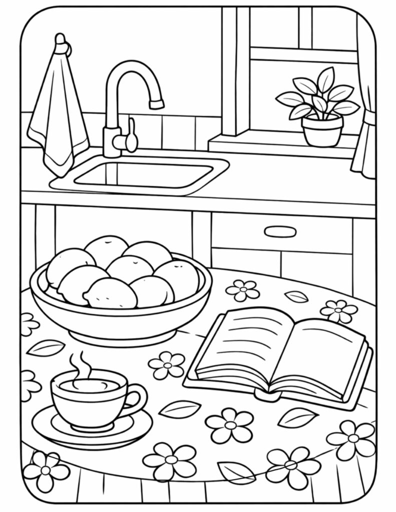 kitchen table reading with coffee coloring page with a steaming cup, open book, fruit bowl, sink, and window plant coloring page