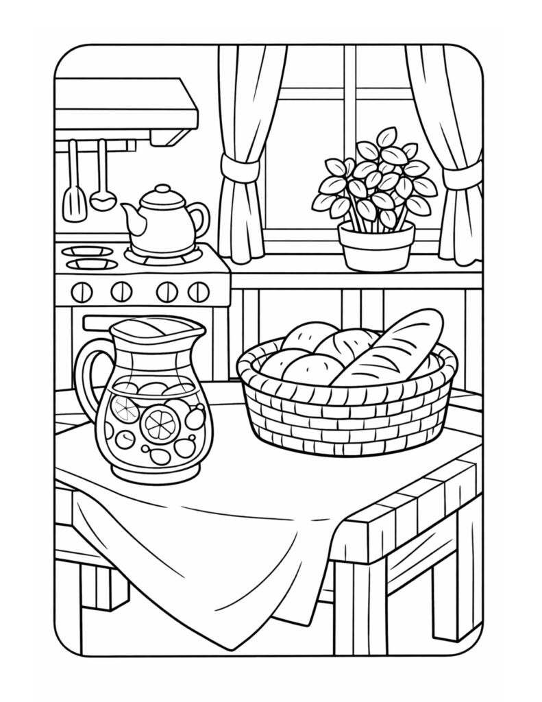 kitchen table with bread basket coloring page with a citrus pitcher, kettle on the stove, and window curtains coloring page