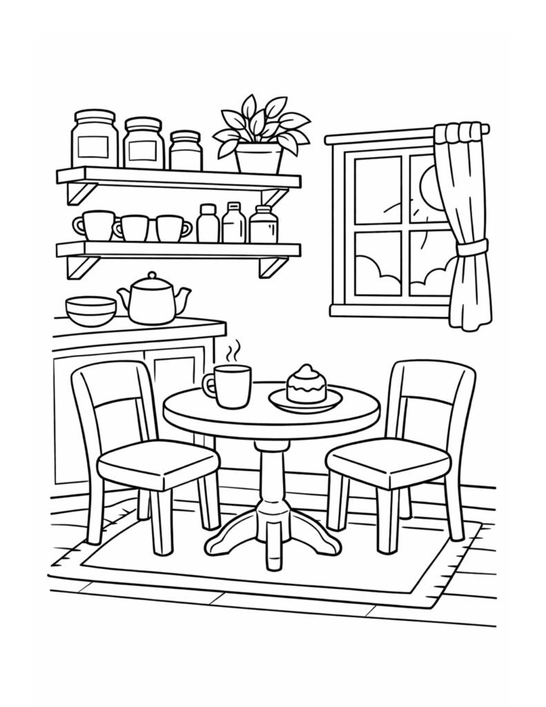 kitchen table with cupcake coloring page featuring two chairs, steaming mug, wall shelves, and window scene coloring page