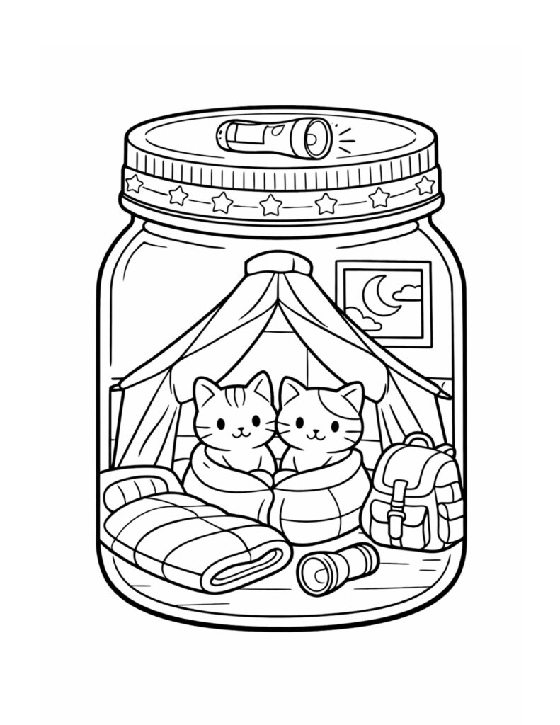 kittens camping in jar coloring page with two kittens in sleeping bags, a tent, backpack, and flashlight coloring page