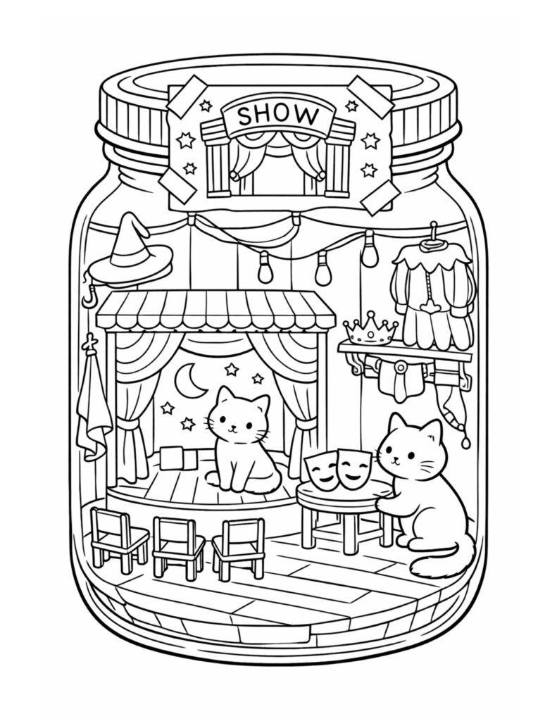 kittens performing theater show coloring page with a mini stage, curtains, masks, and costumes inside a jar coloring page