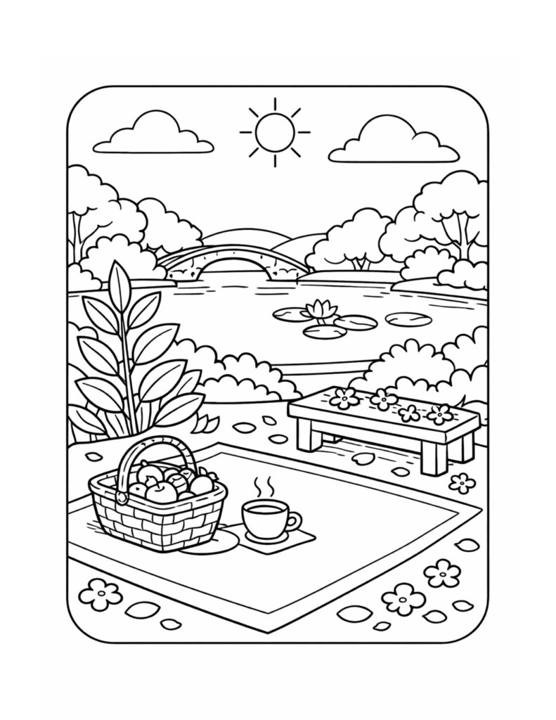 lakeside picnic blanket with coffee coloring page featuring a pond, bridge, sun, and lily pads coloring page