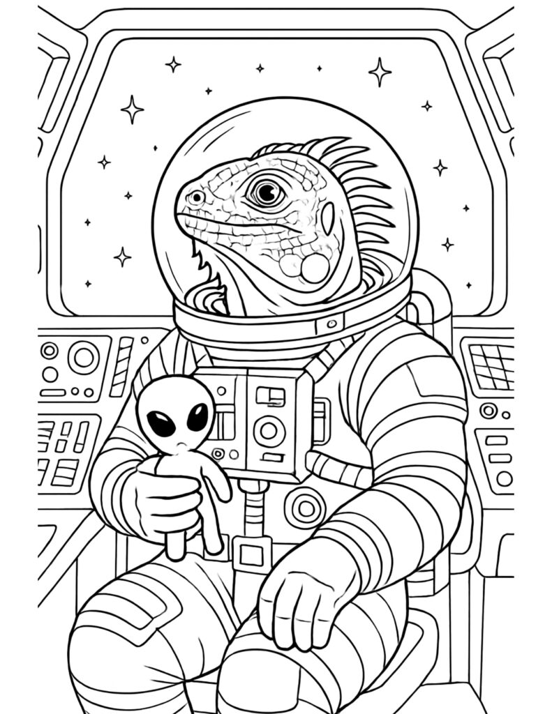 lizard astronaut holding tiny alien coloring page in a spaceship cockpit with stars