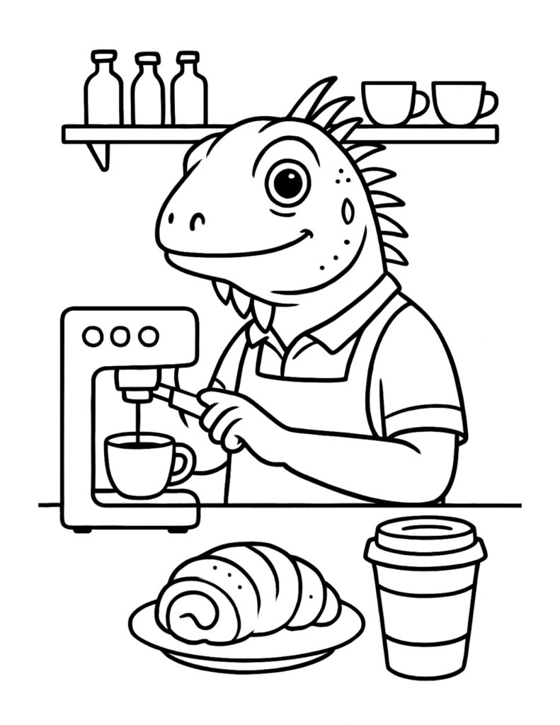 lizard barista making espresso coloring page with an apron at an espresso machine, cups on shelves, and a croissant coloring page