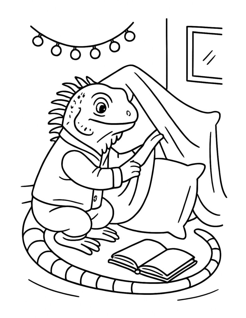 lizard building blanket fort coloring page, cozy indoor fort with pillows, string lights, and an open book coloring page