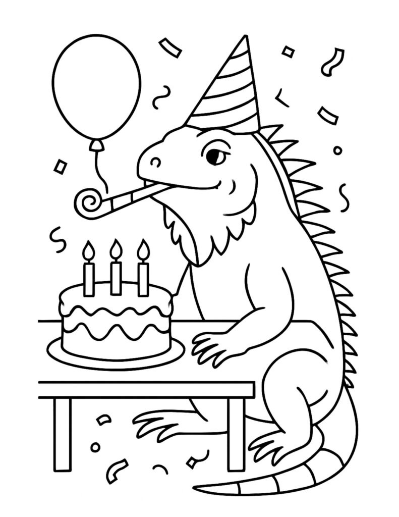 lizard celebrating birthday with cake coloring page with party hat, balloon, confetti, and a candle cake on a table coloring page