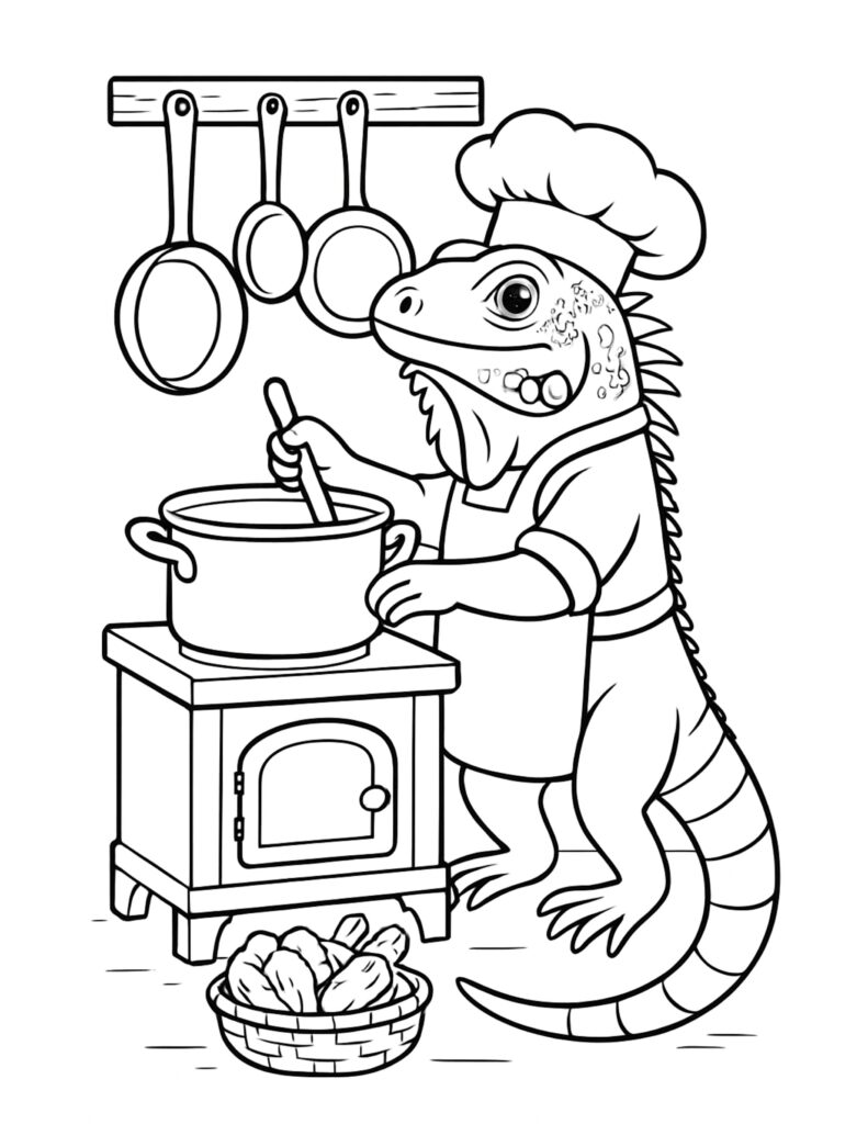 lizard chef stirring soup coloring page with a chef hat lizard stirring a pot under hanging pans coloring page