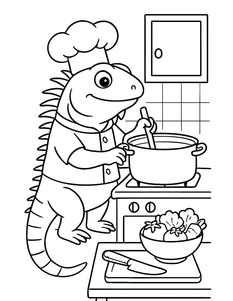 lizard chef stirring soup coloring page showing a smiling chef lizard stirring a big pot on a stove, coloring page