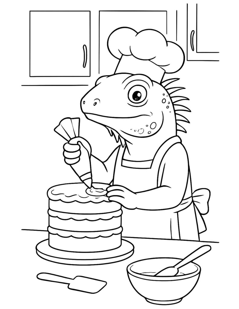 lizard decorating a cake coloring page with a chef hat and apron piping frosting onto a layered cake in a kitchen, coloring page