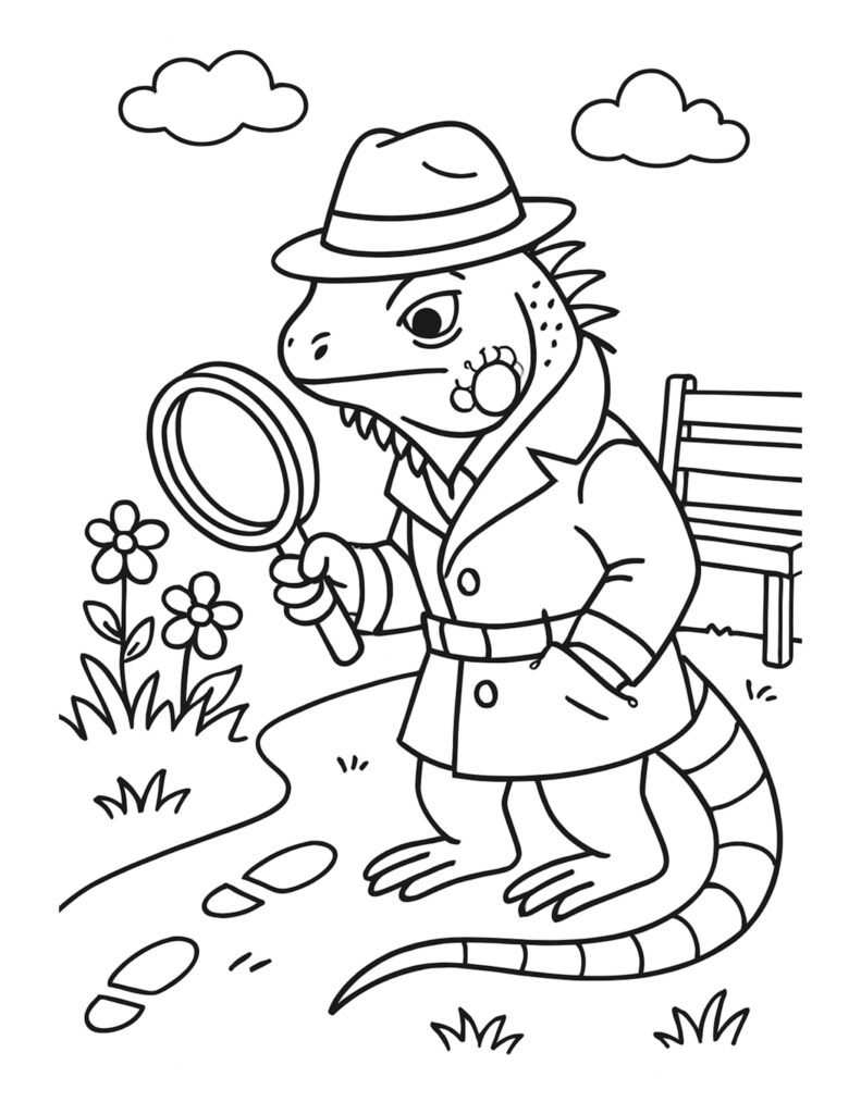 lizard detective with magnifying glass coloring page, trench coat and fedora in a park scene coloring page