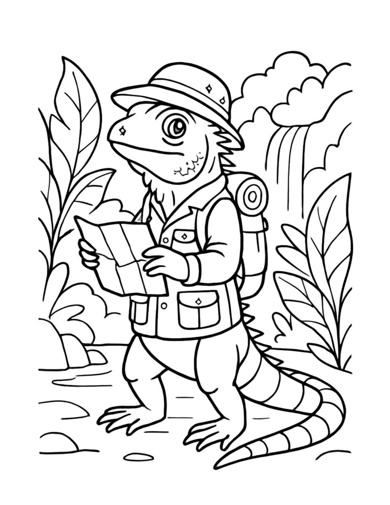 lizard explorer reading map waterfall coloring page with a safari lizard holding a map near jungle plants and a waterfall, coloring page