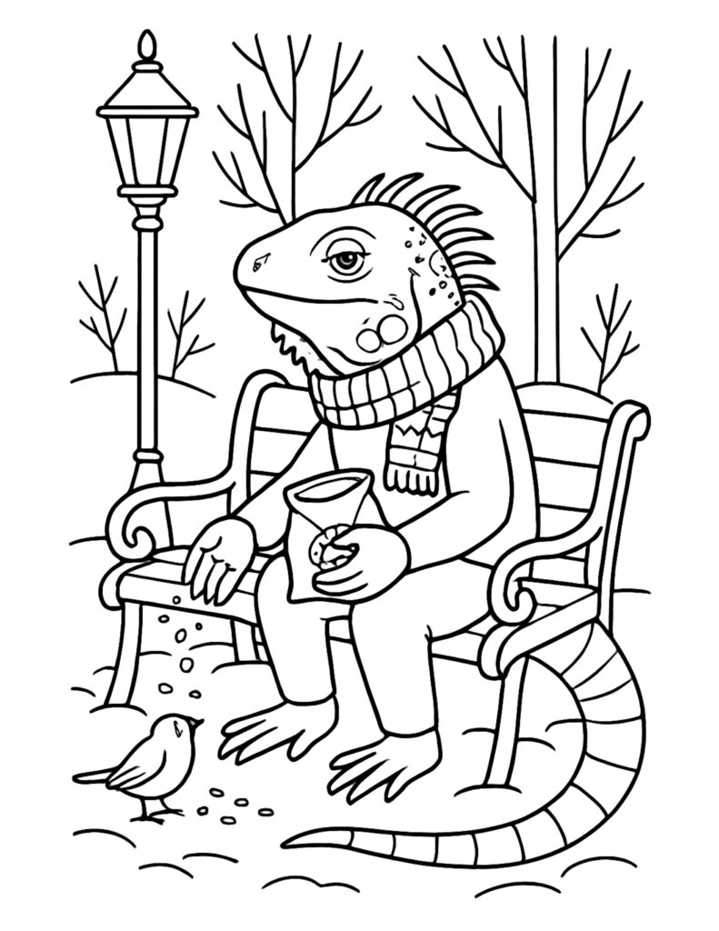 lizard feeding a bird coloring page, scarf-wearing lizard on a park bench in a winter park coloring page