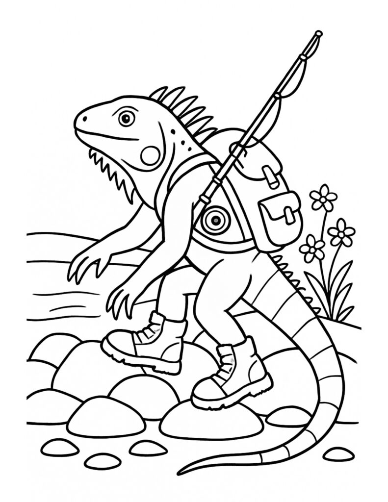 lizard hiking with fishing rod coloring page with backpack and boots walking on river rocks coloring page