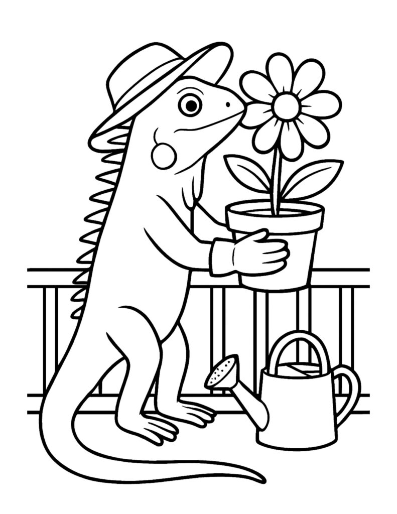 lizard holding potted flower coloring page with a sun hat, porch railing, watering can, and small garden trowel